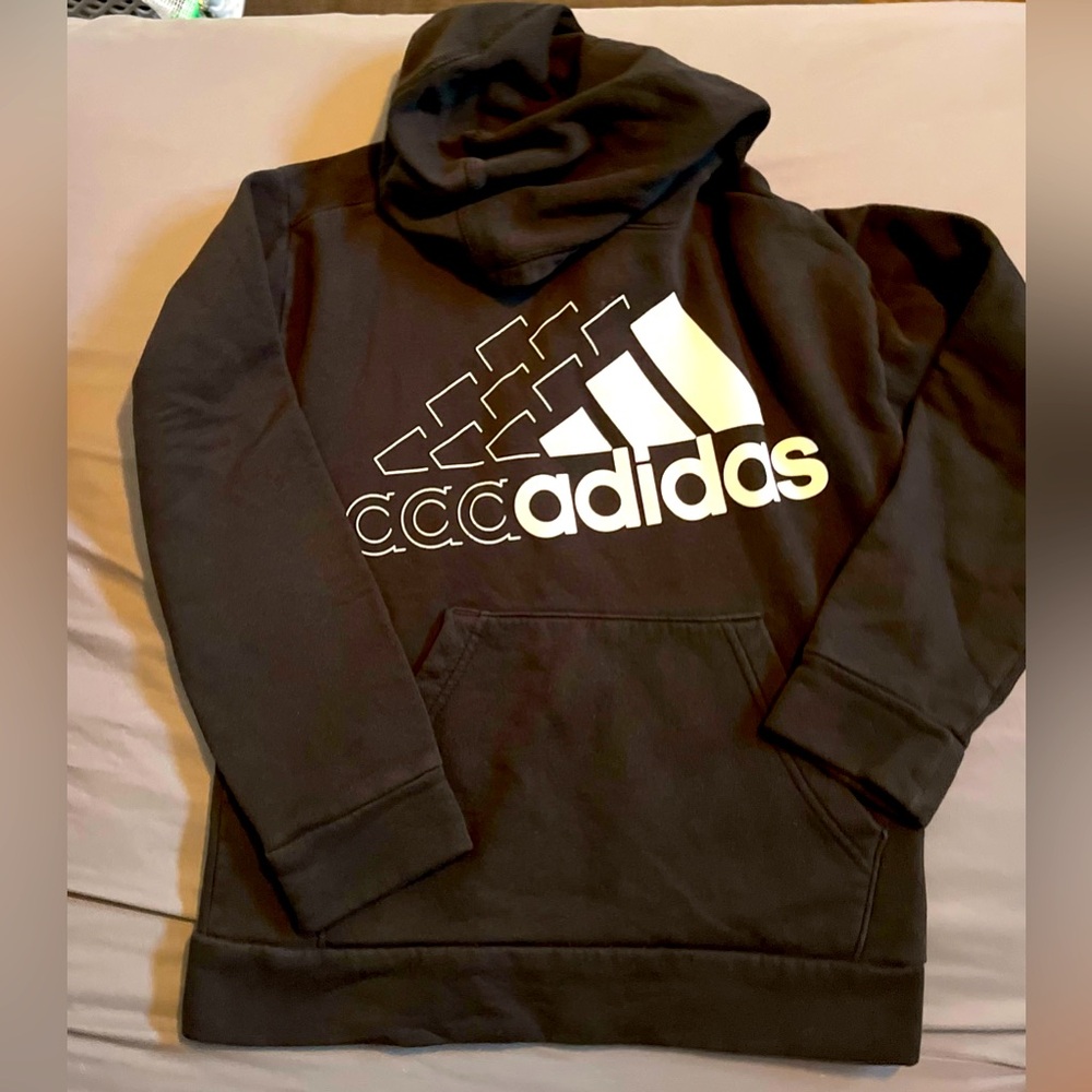 Boys Adidas black and white hooded pull over sweatshirt size M (10/12)